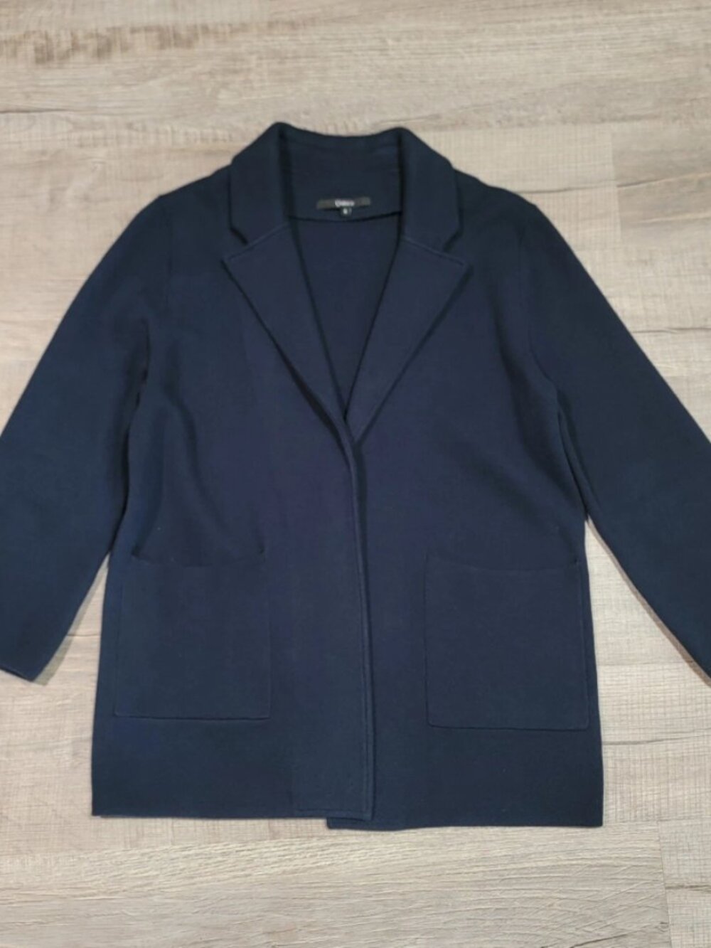 Quince 100% Organic Cotton Knit Blazer Navy Blue Size Small Pockets Open Front